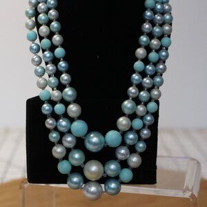 Vtg 1950/1960s Three-Strand Graduated Faux Pearl Necklace Pastel Blue Approx 16"